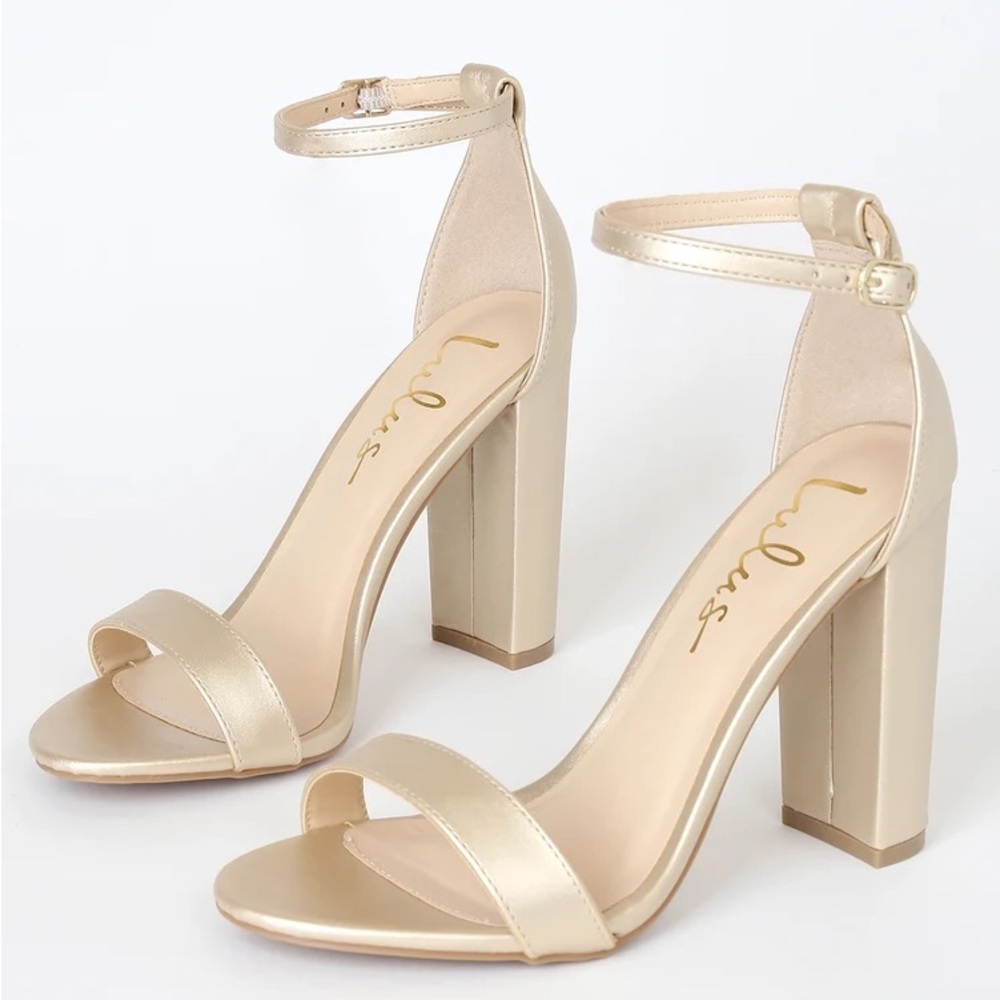 Lulus Taylor Gold Ankle Strap Block Heel Sandals sz 9